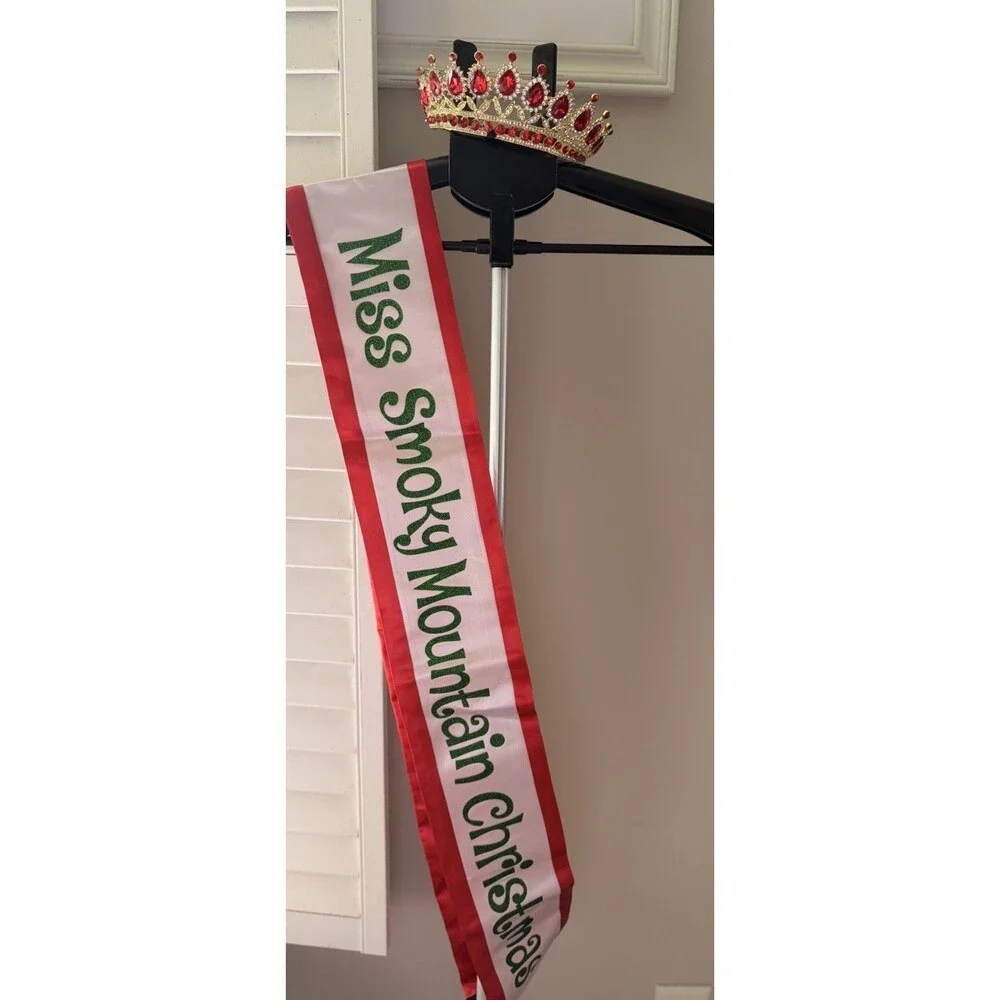Miss Smokey Mountain Christmas Pageant Crown Gold And Red Rhinestone With Sash